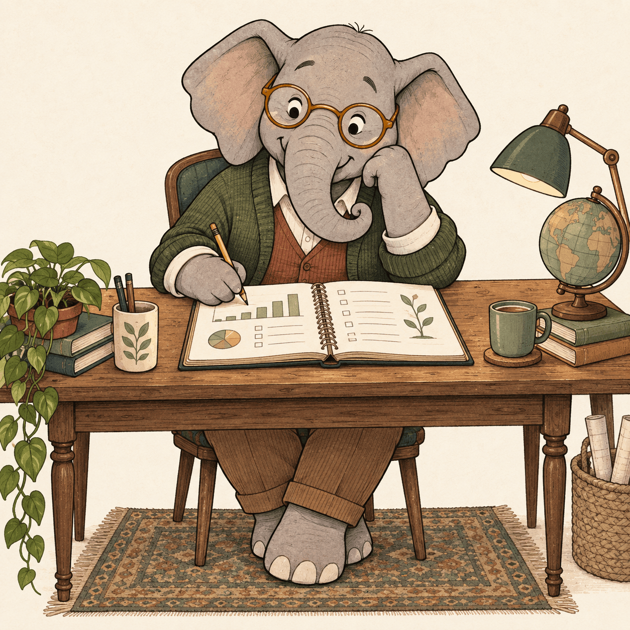 Cartoon illustration of an elephant making a financial plan in a notebook.